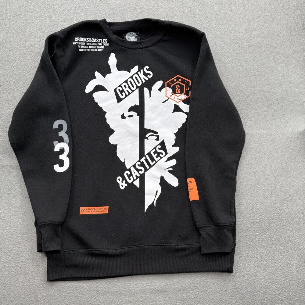 Crooks & Castles Sweatshirt Mens Large Black Graphic Pullover Fleece‎ Crewneck